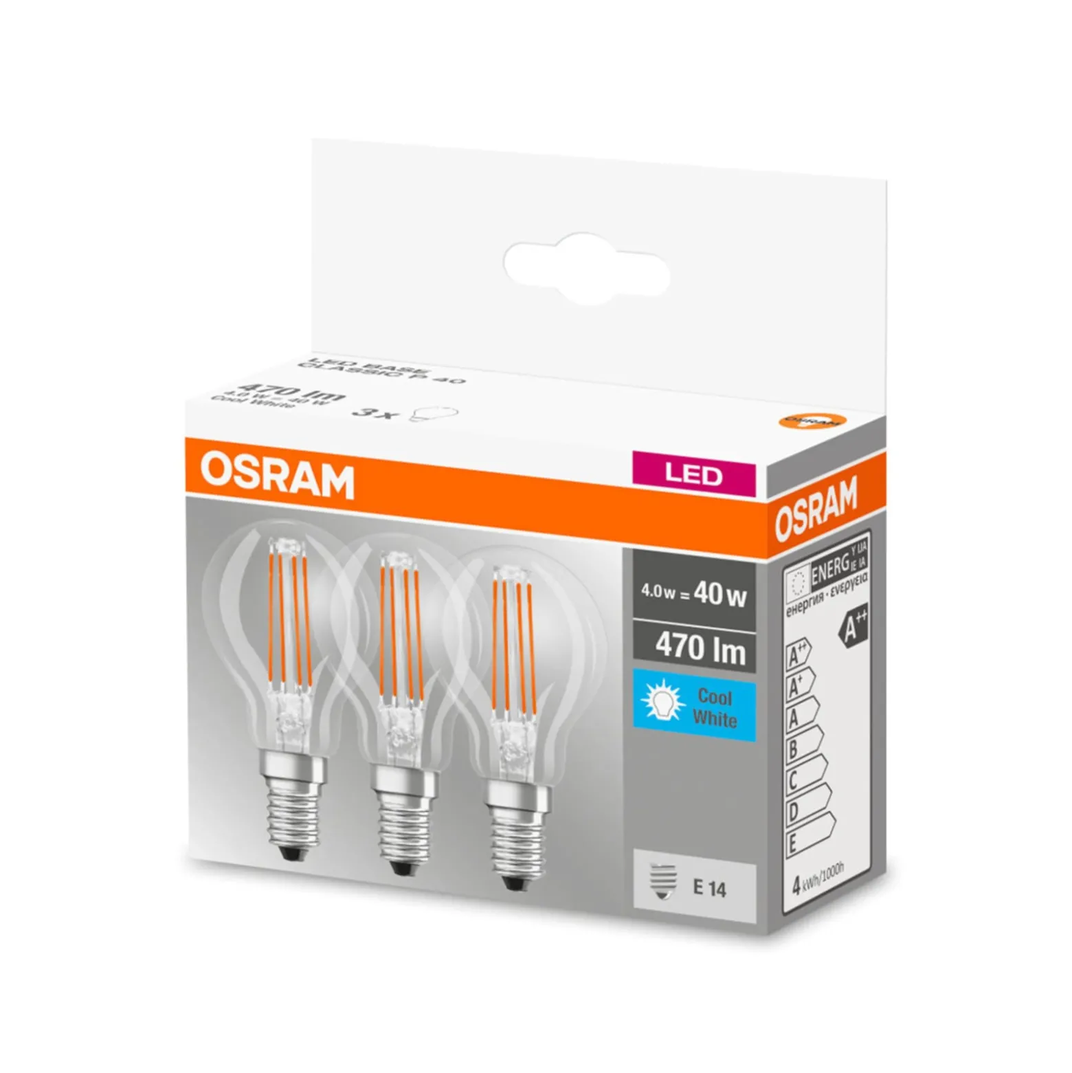 OSRAM-LED-lamppu E14 P40 4W filament 840 470lm, 3