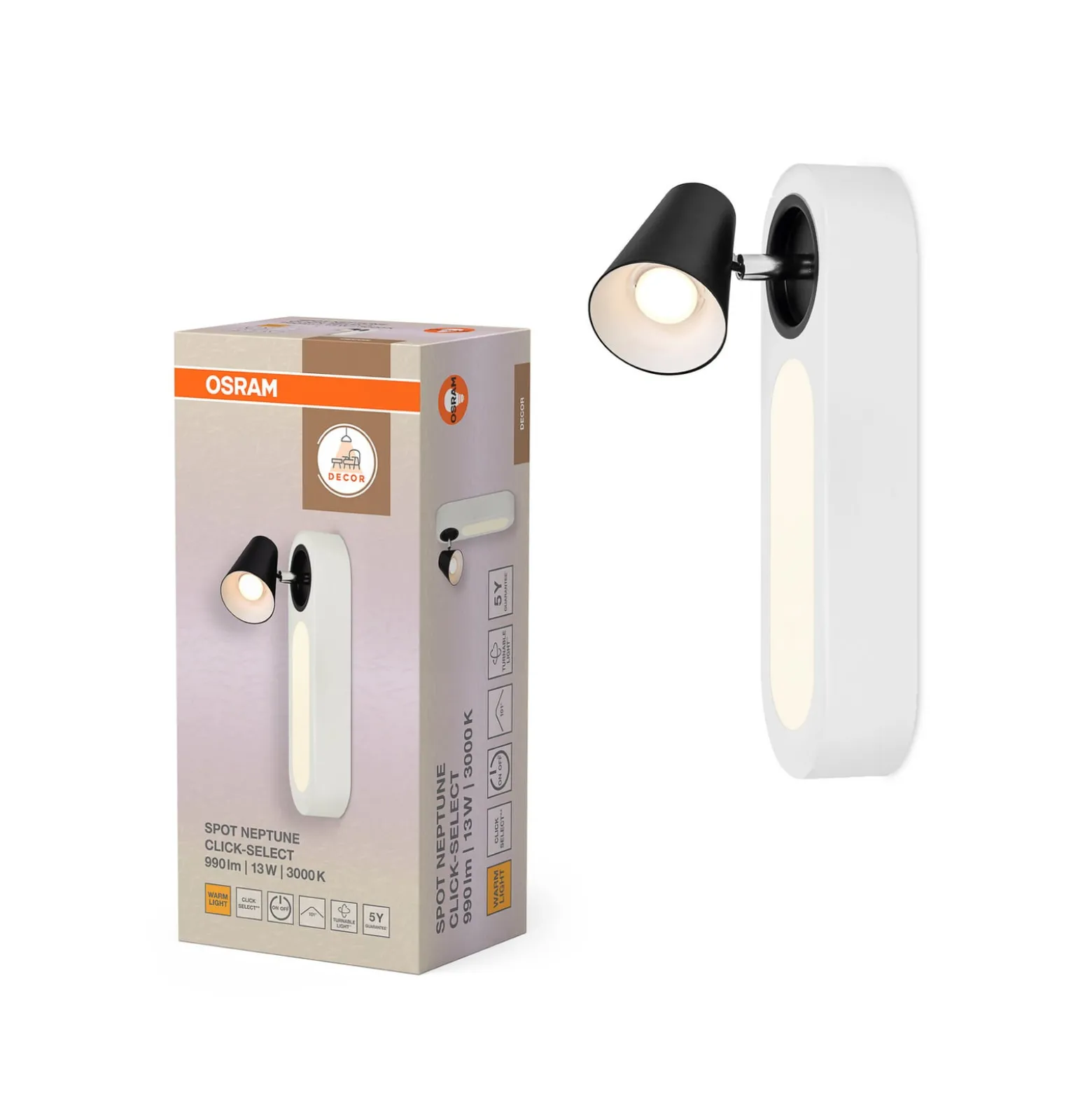 OSRAM LED-seinävalaisin NEPTUNE, valkoinen, 1 spotti, metallikytkin