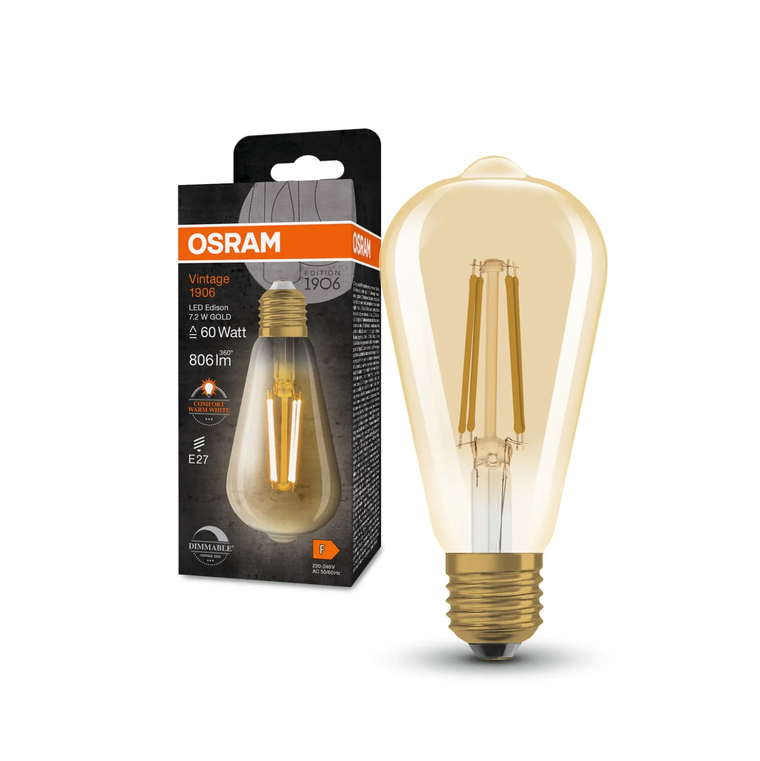 OSRAM LED Vintage 1906 Edison, kultainen, E27, 7,2 W, 824, dim.