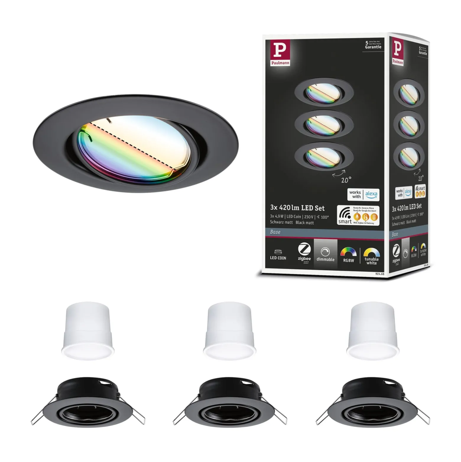 Paulmann Coin Base LED upotettu valonheitin musta 3 RGBW ZigBee