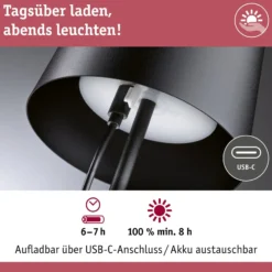 Paulmann LED-akkukäyttöinen pöytälamppu Gilo, musta, muovi, IP44