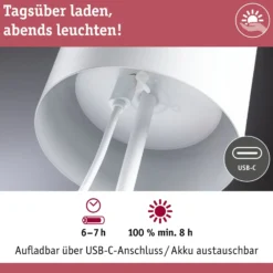 Paulmann LED-akkupöytävalaisin Tuni, valkoinen, muovi, IP44