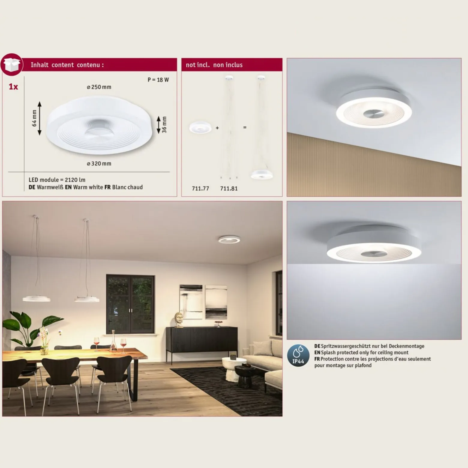 Paulmann LED-kattovalaisin Volea, valkoinen/hopea Ø 32 cm IP44 himmennettävä