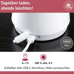 Paulmann LED-ladattava pöytävalaisin Onzo, valkoinen, muovi, IP44