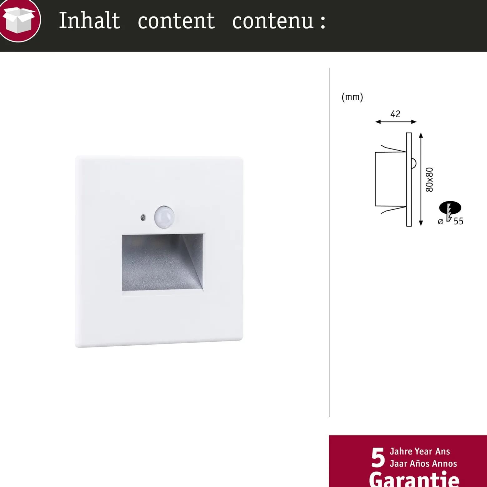 Paulmann upotettava LED-seinävalaisin Edge Quadro, valkoinen 8x8 cm