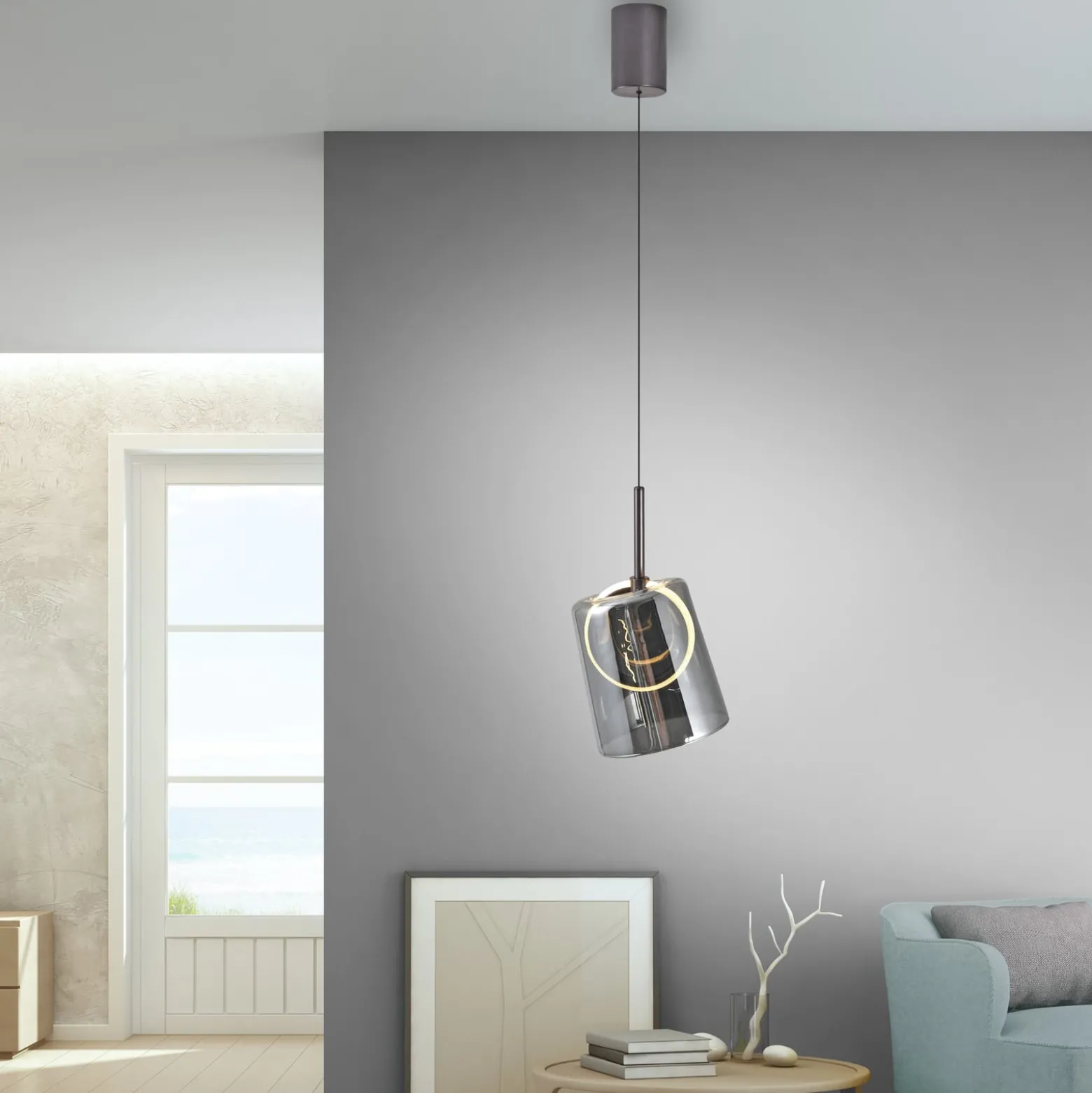 Paul Neuhaus LED-riippuvalaisin Zula, savunharmaa, Ø 15 cm, lasi