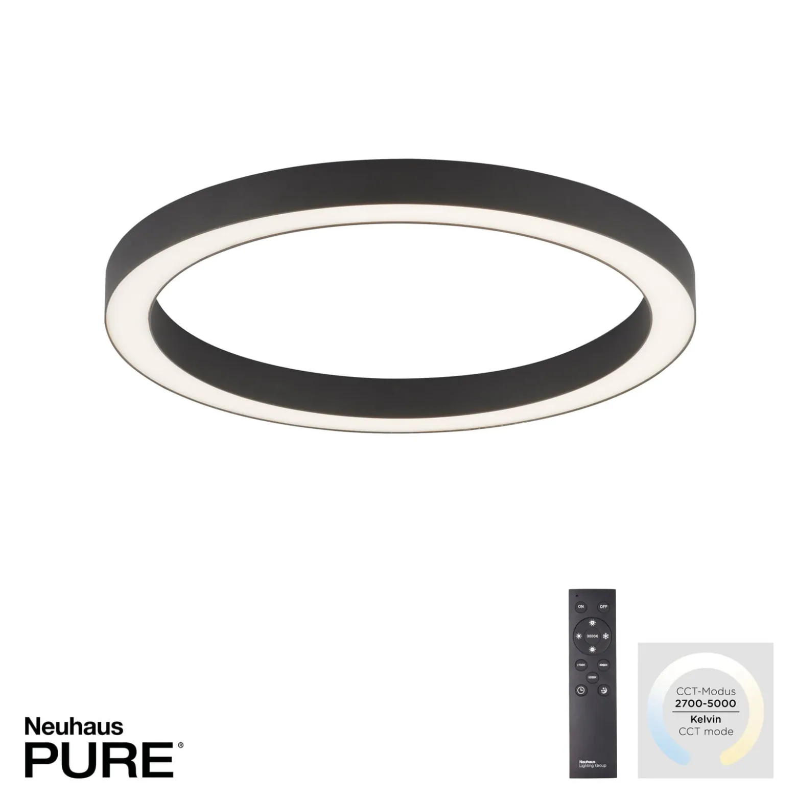 PURE LED-kattovalaisin Lines, Ø 50 cm, antrasiitti, CCT, kaukosäädin