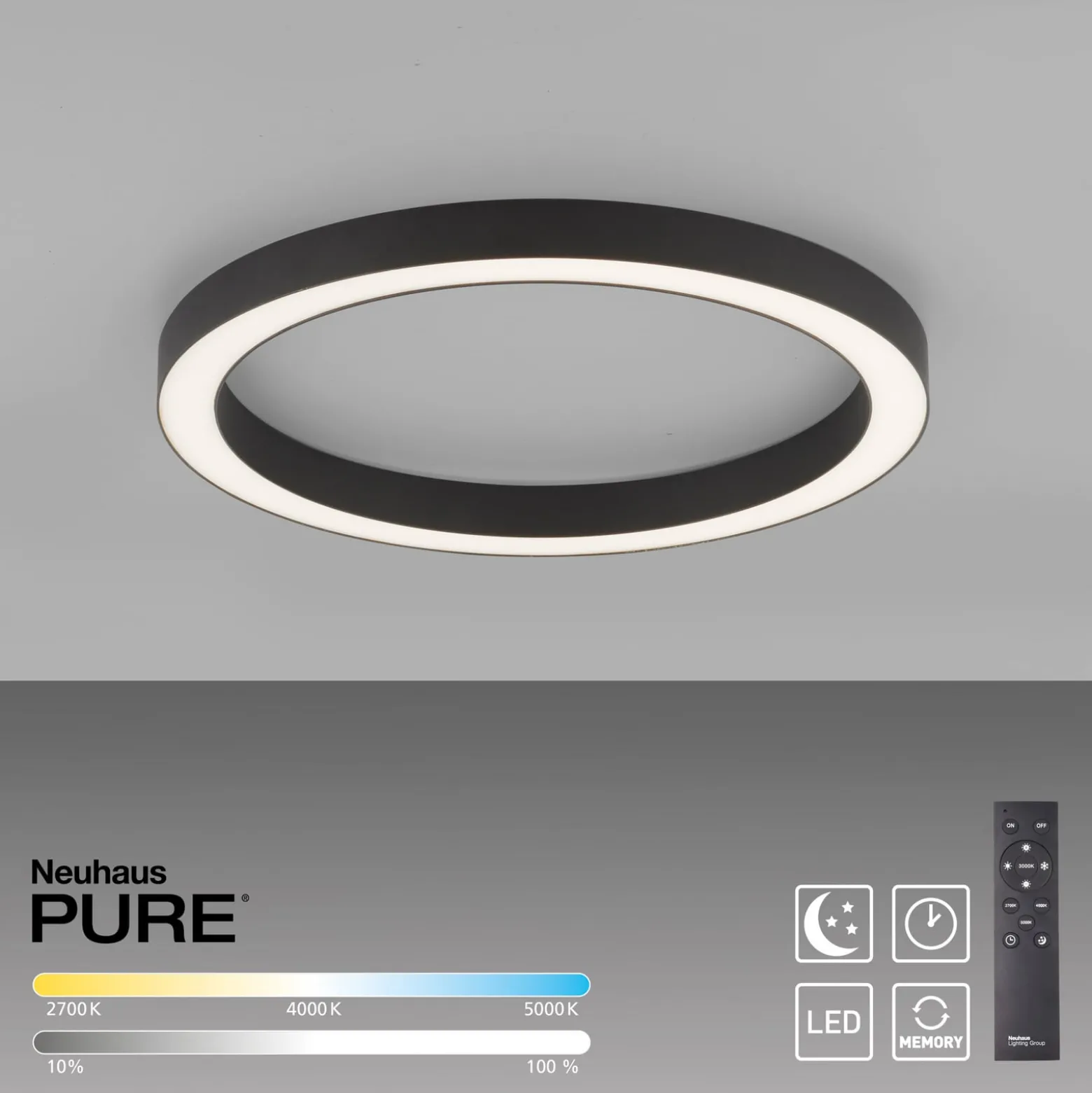 PURE LED-kattovalaisin Lines, Ø 50 cm, antrasiitti, CCT, kaukosäädin