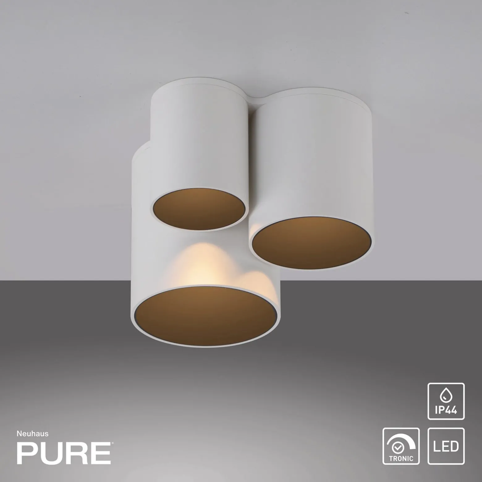 PURE Point -kylpyhuoneen LED-kattovalaisin, valkoinen, 18 cm, 3-lamppuinen, IP44