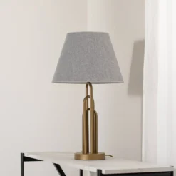 Pöytälamppu Lazar, harmaa/antiikkikulta, korkeus 65 cm, tekstiili/metalli