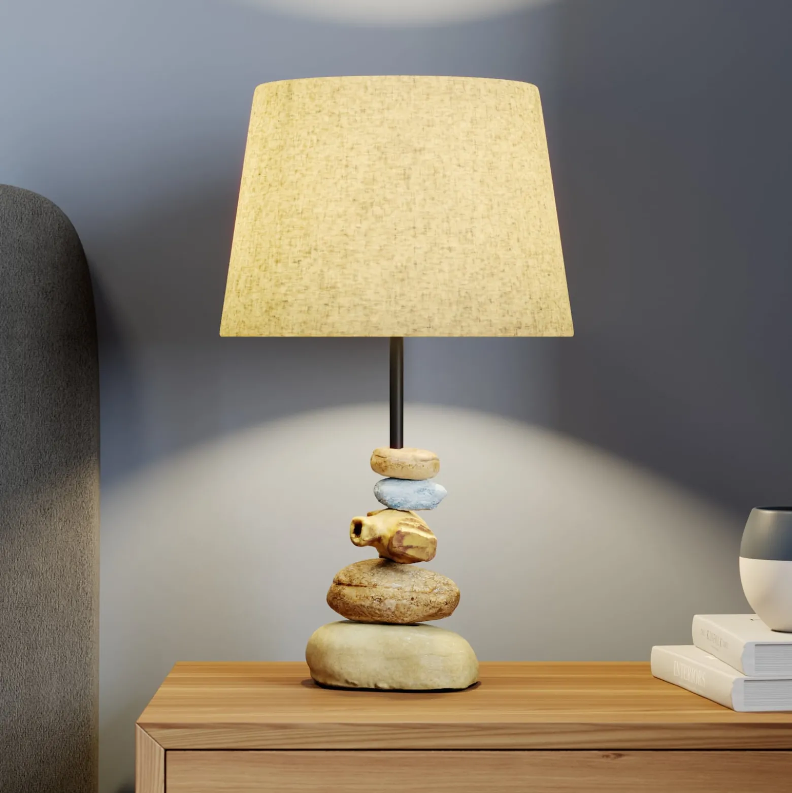 Pöytälamppu Vera, kangasvarjostin ja kivikoriste, 38 cm