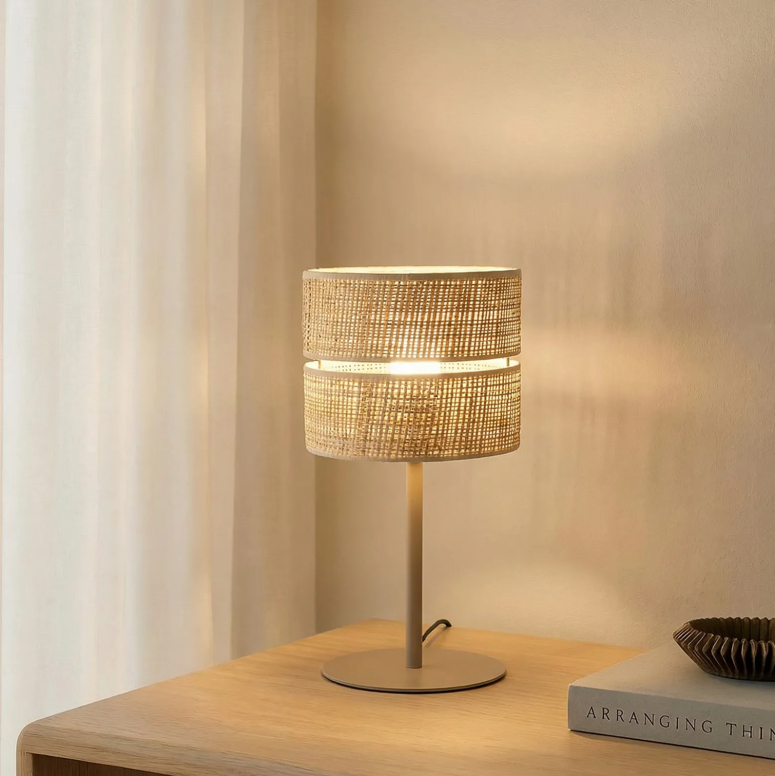 Pöytävalaisin Calma, beige, rafi, korkeus 38 cm, E27, E27