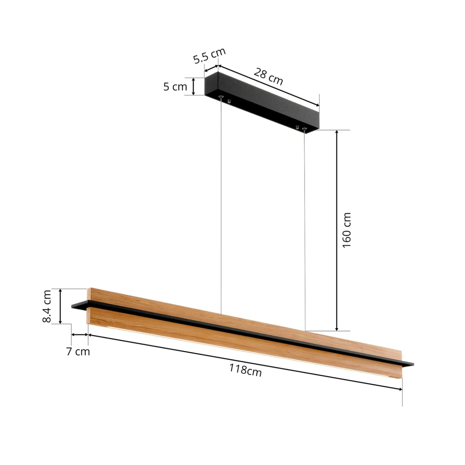 Quitani LED-riippuvalaisin Lexa, tammi/musta, pituus 118 cm