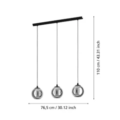 Riippuvalo Ariscani, savuharmaa, pituus 77 cm, 3-lamppuinen lasi E27