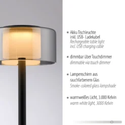 RIKA-LED-akkukäyttöinen pöytälamppu, musta, 33 cm, metalli/lasi, kosketusohjaus