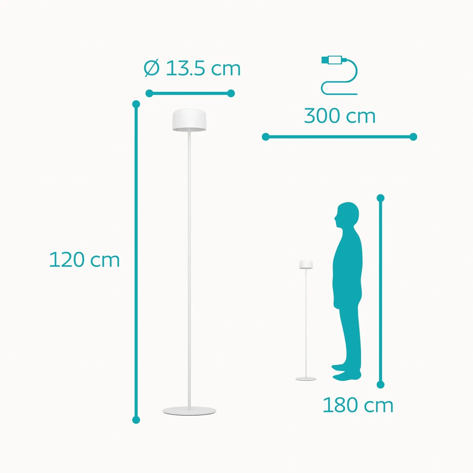 Roccanova-L aurinko-LED-terassivalaisin, valkoinen, korkeus 120 cm