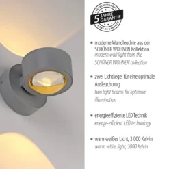Schöner Wohnen LED-seinävalaisin Chia, hopea, 3 000 K, ylös/alas