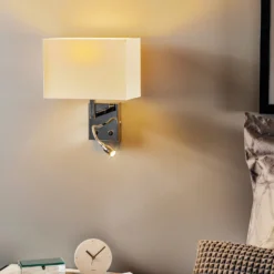 Seinävalaisin Hotel LED, valkoinen, tekstiili, 2-lamppuinen, LED-lukuvalaisin