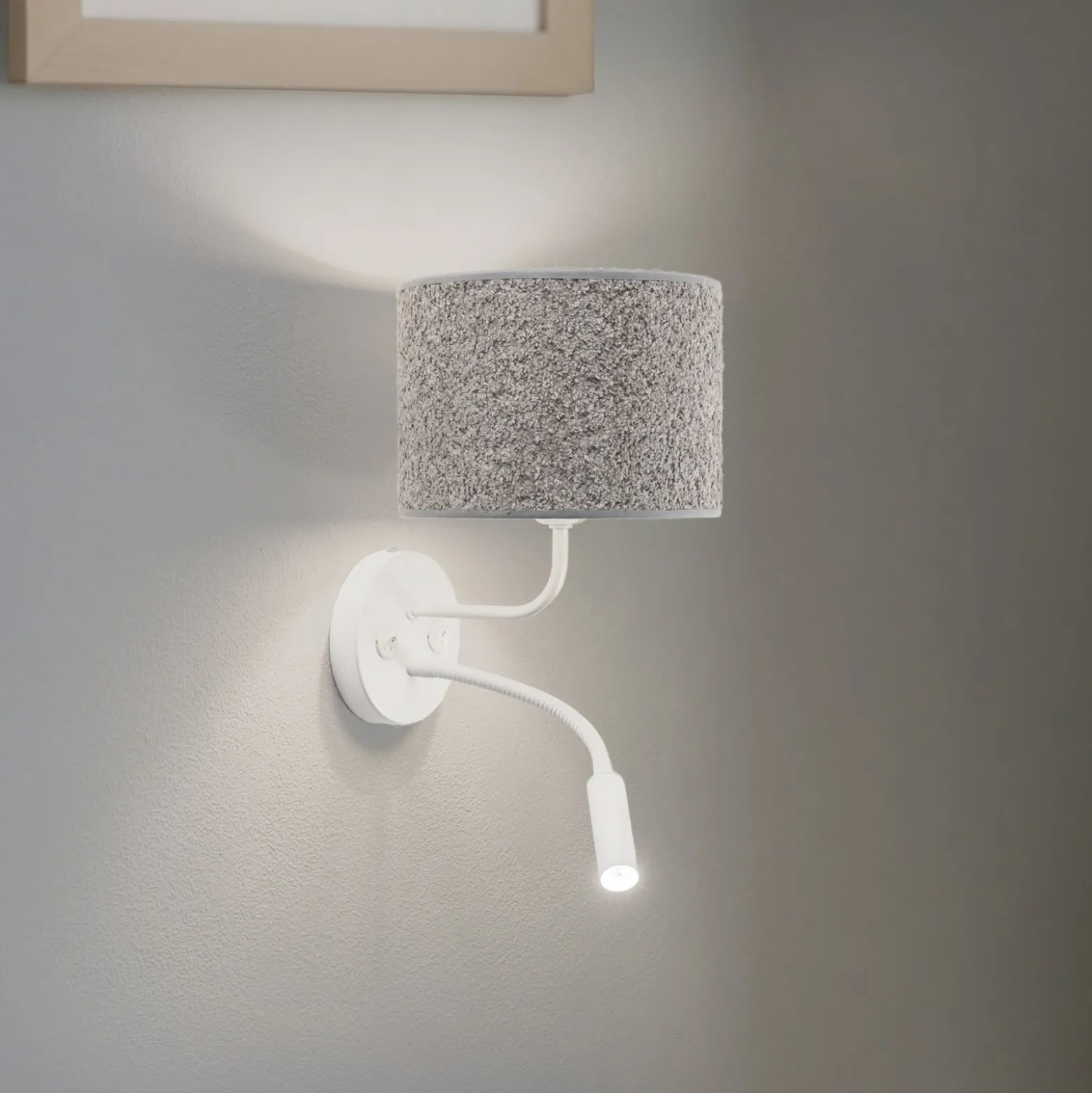 Seinävalaisin Roller, bouclé harmaa, valkoinen, lukuvalolla