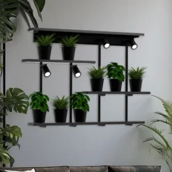 Seinävalaisin Shelf, musta, leveys 102 cm, puu, 4-lamppuinen.