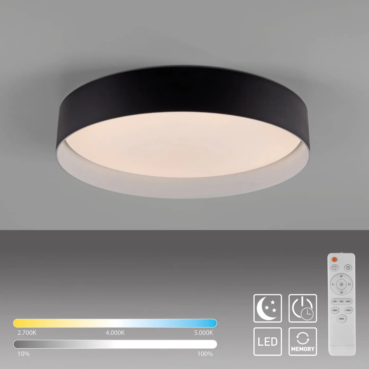 TAVOLI-LED-kattovalaisin, musta, halkaisija 39 cm, metallia, CCT, himmennettävä