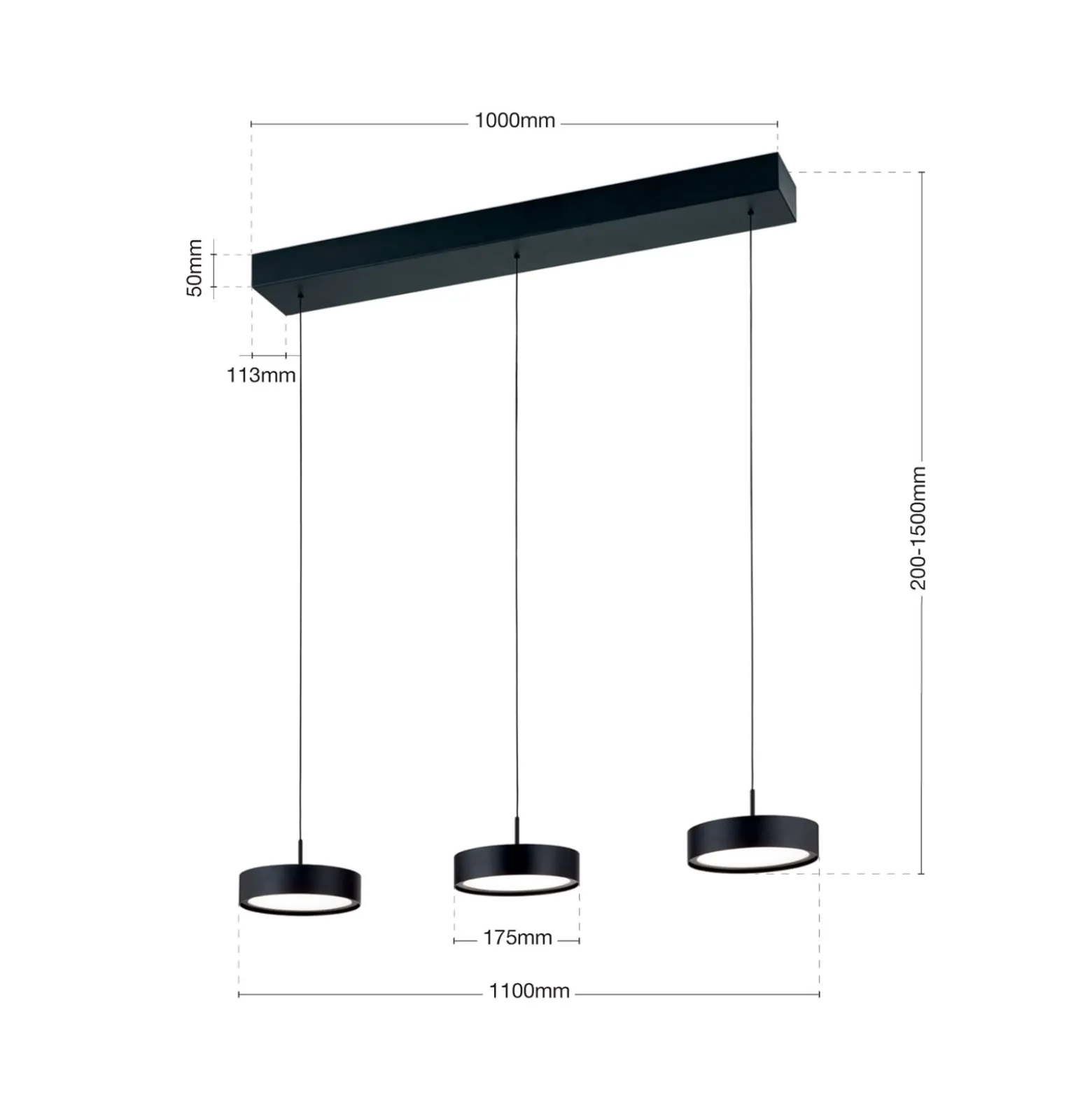 Teide LED-riippuvalaisin, musta, metalli, korkeussäädettävä