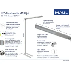Toimiston LED-lattiavalaisin MAULjet, hopeanvärinen, korkeus 195 cm