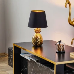 Upea keraaminen pöytälamppu Pineapple, kulta-musta