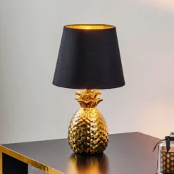 Upea keraaminen pöytälamppu Pineapple, kulta-musta