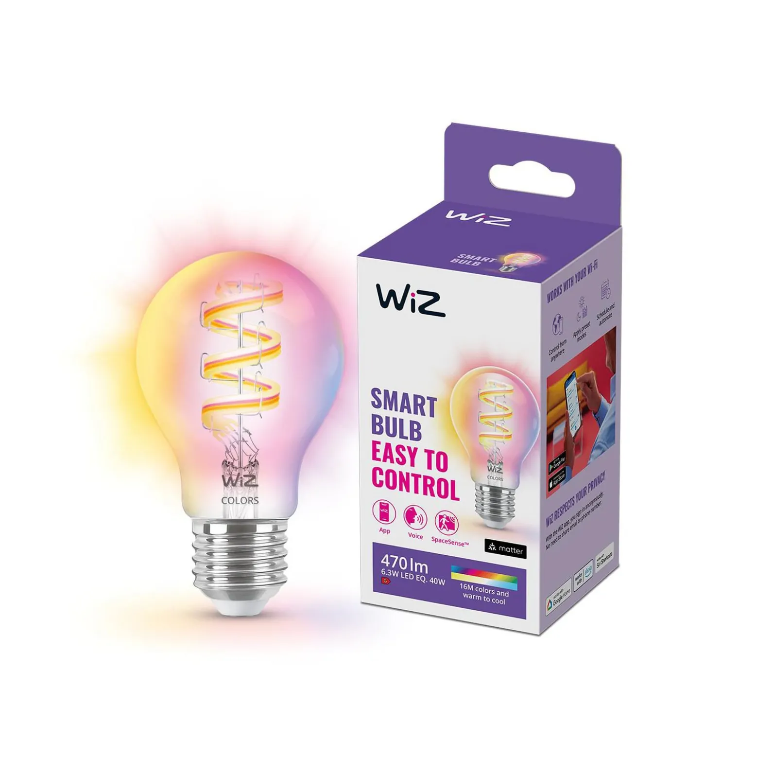 WiZ A60 LED-filamenttilamppu WiFi E27 6,3W RGBW