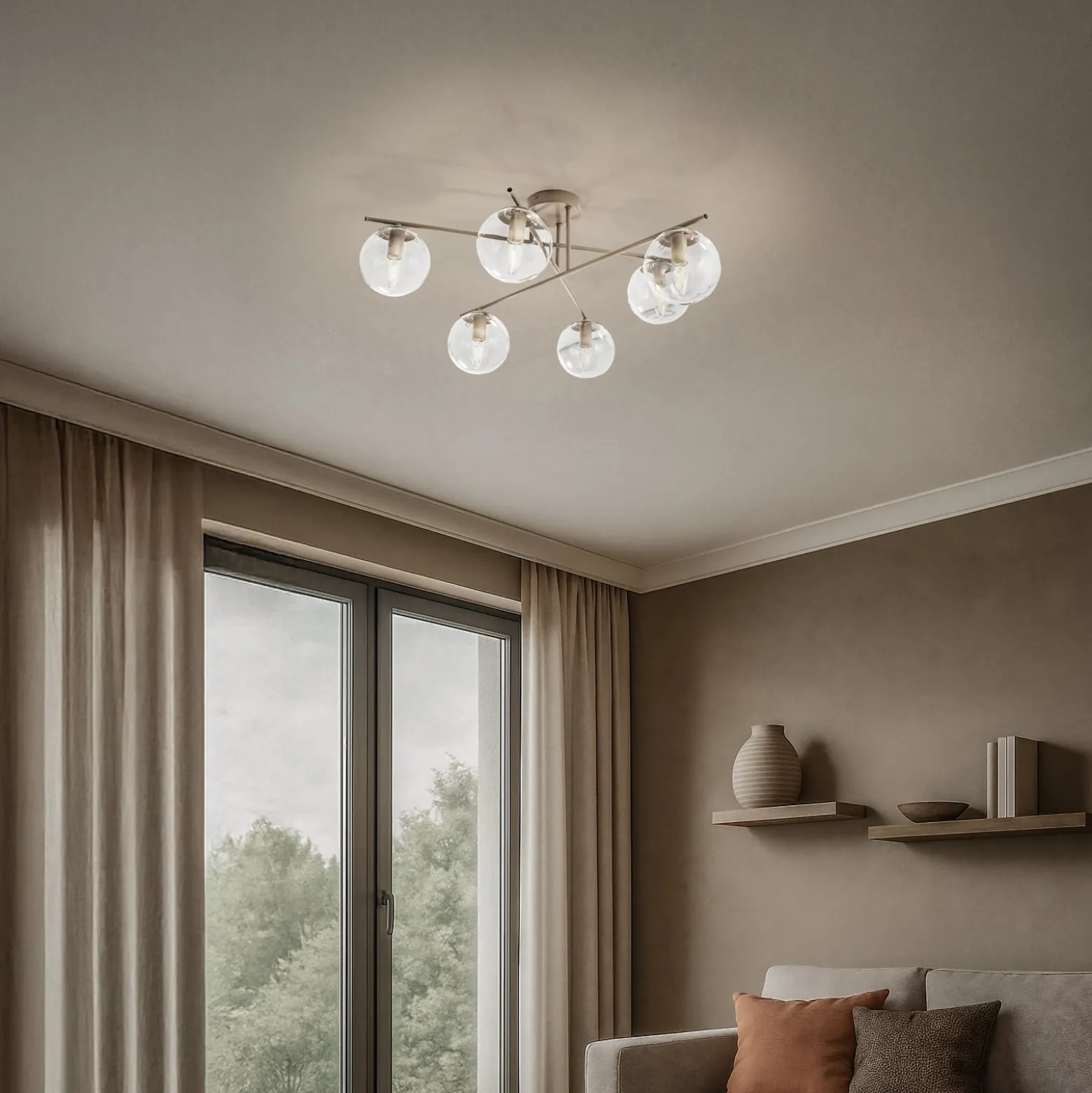 Zoe-kattovalaisin, beige, pituus 72 cm, 6-lamppuinen, lasi, E14